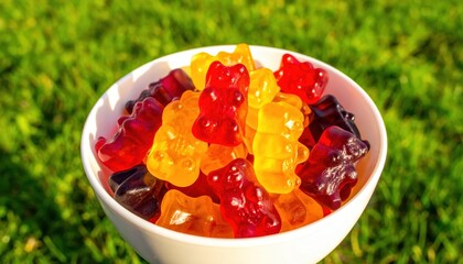 A close-up outdoor photograph of a white bowl filled with vibrant, chewy mixed berry gummies in bright sunlight against a green grassy background.