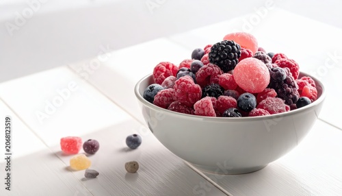 A Bowl Overflowing with Mixed Berry Gummies and Fresh Berries in Natural Light