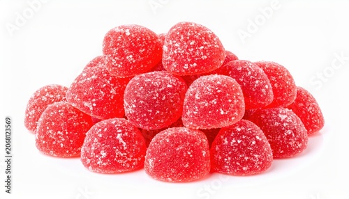 A bright pile of sparkling strawberry gummy candies isolated on a white background, showcasing their sugary texture.