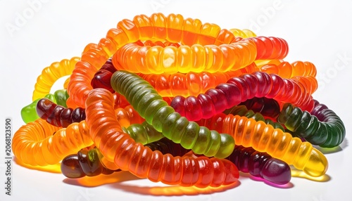 A bright pile of twisted, colorful fruit flavored gummy worms