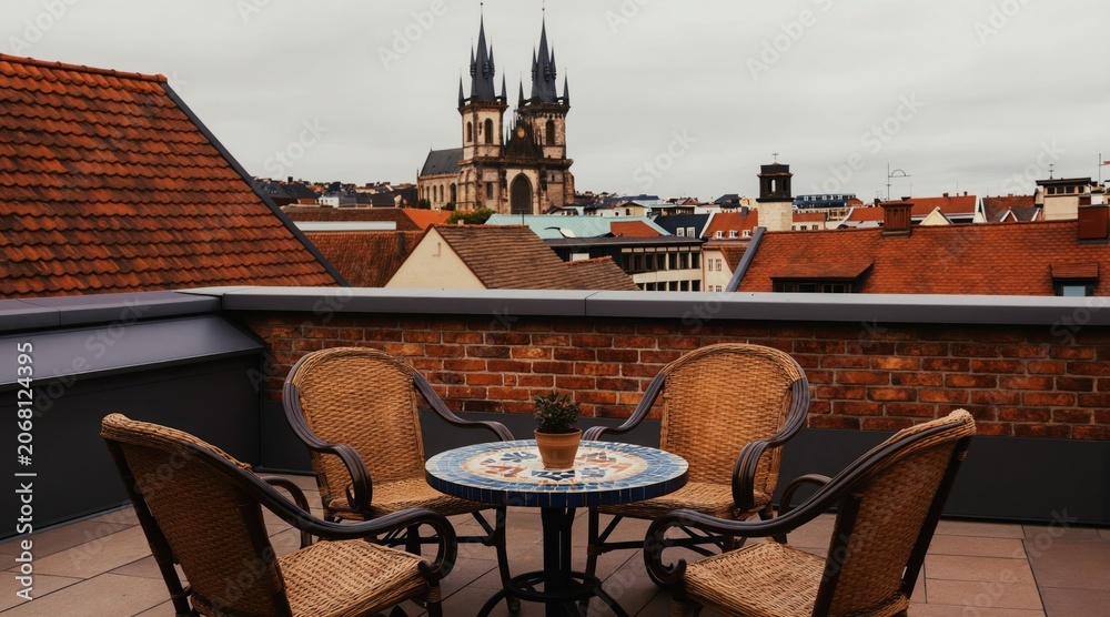 Fototapeta premium Rooftop terrace seating area with ornate table overlooks old city. Wicker chairs are arranged for relaxation with distant church spires under cloudy sky.