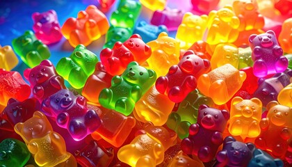 A playful cascade of vibrant, assorted gummy bears scattered across a bright surface, evoking childhood joy and sweet indulgence.