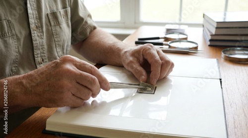 Philatelist using fine tweezers to carefully place a vintage stamp into a collection album