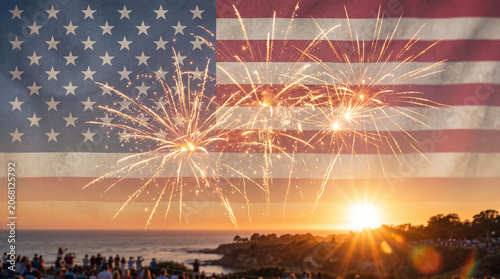 Vibrant Evening Celebration with Fireworks Over Ocean Horizon and Patriotic Symbolism