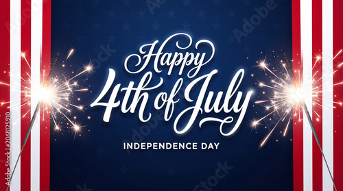 Vibrant Independence Day Celebration with Sparkler and Patriotic Stripes Artwork on Blue Background