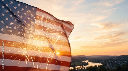 Vibrant celebration with flag waving and fireworks display over a scenic sunset landscape
