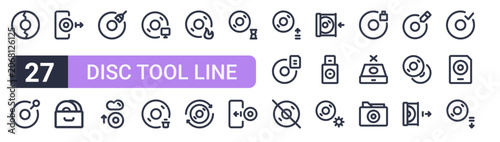 Obraz na plátně Set of 27 thin stroke Disc Tool Line icons for software, online tools and business layouts