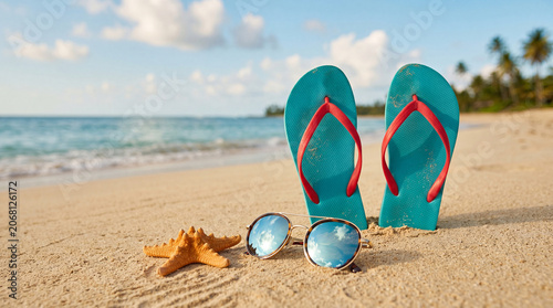 Vibrant Sandals, Starfish, and Reflective Sunglasses on a Tropical Beach Shore with Ocean View