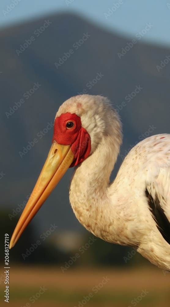 Fototapeta premium Close-up white stork profile with bright yellow beak and red face. Bird stands against blurred mountains under soft natural light. Avian creature looks to side with intense eye.