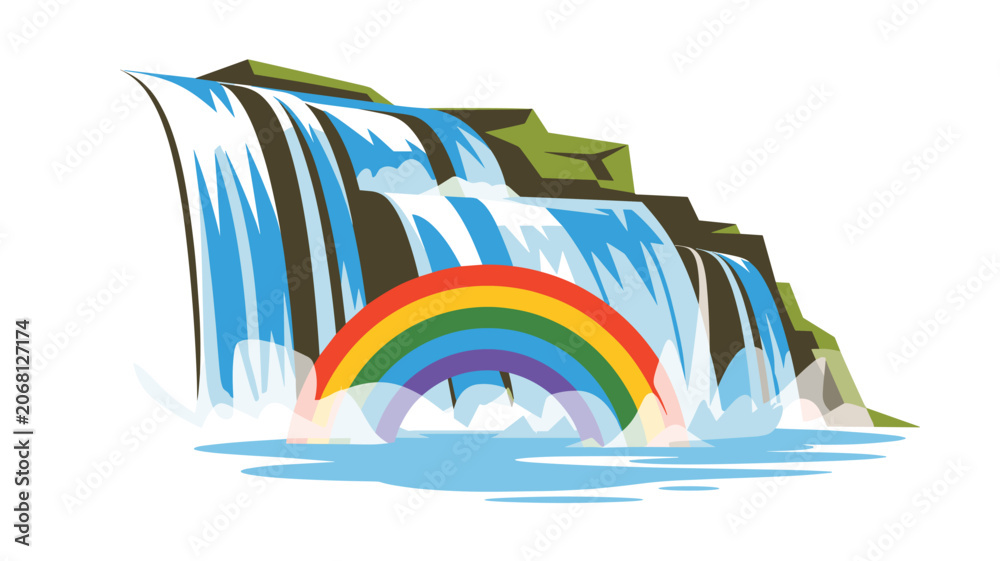 Fototapeta premium A vibrant rainbow arches gracefully over a multi-tiered waterfall cascading down dark rocky cliffs into a serene turquoise water pool.