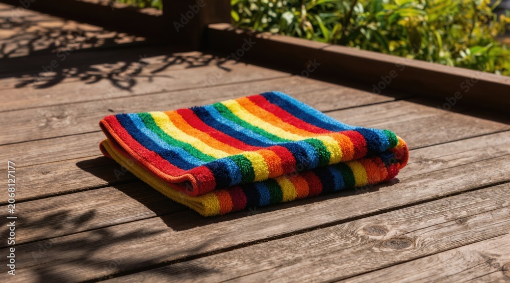 Obraz premium Folded rainbow striped towel sits on weathered wooden deck in bright sunlight. Soft fabric contrasts with rustic planks, suggesting summer relaxation, pool or beach leisure. Gentle shadows add depth.
