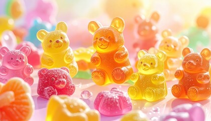 Adorable gummy bear candies in various fruit flavors and shapes glistening under soft, diffused lighting