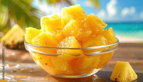 Artfully arranged glazed pineapple cubes in a clear bowl, showcasing tropical sweetness and refreshing appeal