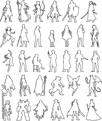 Cuadro en lienzo Fantasy character silhouettes black line art on a white background