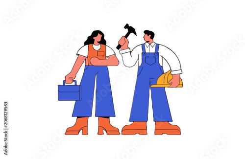 Two construction workers in uniform holding tools and helmet with white background for design