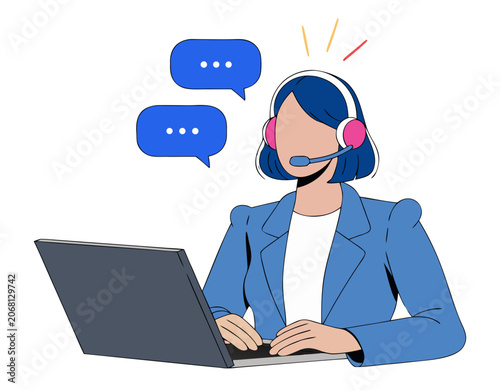 Woman with headset and laptop communicating with speech bubbles during a virtual meeting