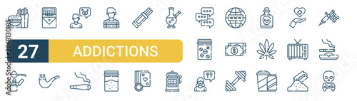 Set of 27 thin line Addictions icons for app screens, websites and product dashboards. Outline vector pack featuring junk food,. Thin isolated on white background, cigarettes, smoking pipe, sex and