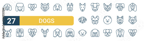 Set of 27 thin line Dogs icons for app screens, websites and product dashboards. Outline vector pack featuring beagle, corgi, poodle, afghan hound, pointer and bernese mountain.