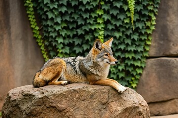 Coyote rests on stone, looks alertly to side. Green ivy wall and rock formation create naturalistic zoo habitat. Animal is wild canine native to North America, medium-sized predator.