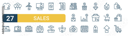 Set of 27 thin line Sales icons for app screens, websites and product dashboards. Outline vector pack featuring shirt, web, balloons, laptop, hanger and web.