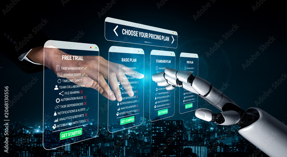 Obraz premium Futuristic concept of human and robot interaction selecting digital pricing plans in a cityscape with touchscreen interfaces for subscription services Quark.