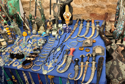 Traditional Moroccan Handicrafts and Antique Daggers at Essaouira Market Stall