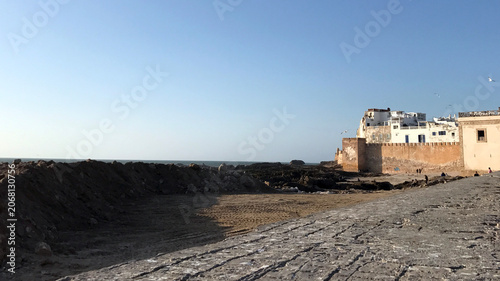 Panoramic View of Essaouira Medina Ramparts and White Buildings from the Shoreline 