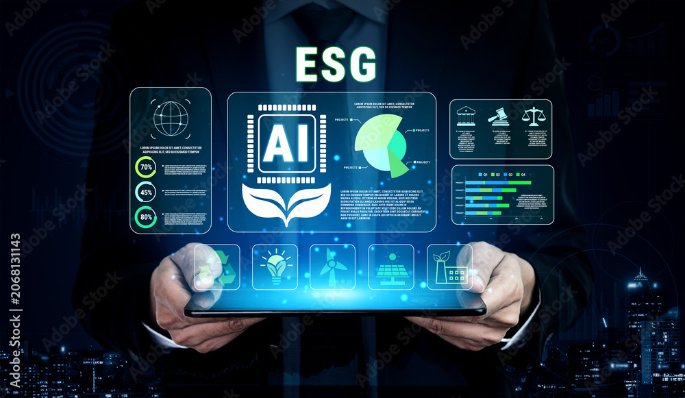 Fototapeta premium Business professional analyzing environmental, social, and governance metrics through digital interface with artificial intelligence elements and data visualizations Quark.