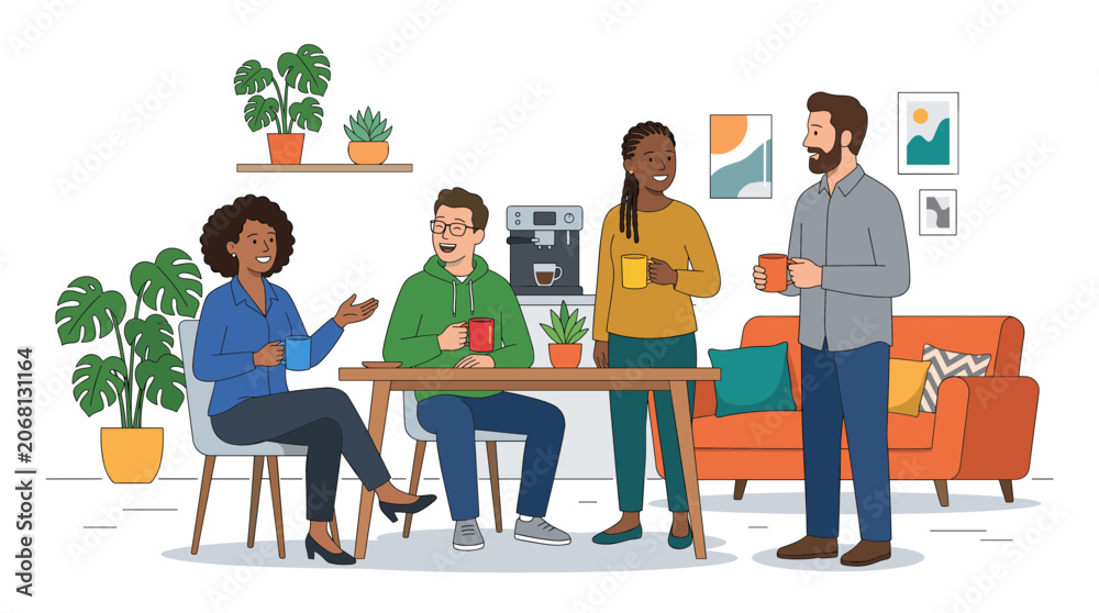 Fototapeta premium Diverse group of colleagues enjoying coffee break and conversation in a modern office lounge area with plants and art