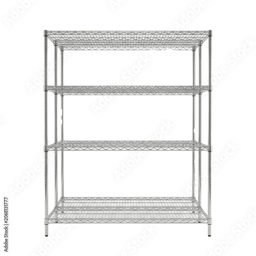 Empty industrial wire shelving unit made of polished chrome metal isolated on a white background