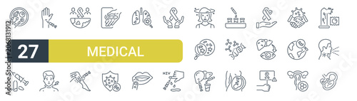 Set of 27 outline Medical Treatment icons for modern UI, landing pages and digital services. Editable stroke collection with insemination, vaccine, mantoux test, drug, bacteria research and early.
