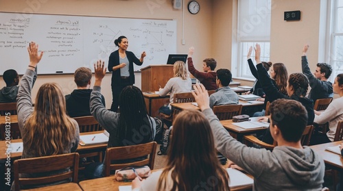 Teacher lecturing to students in a classroom with raised hands and whiteboard