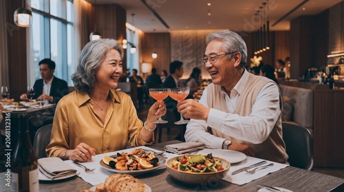 Senior couple toasting with drinks at a fine dining restaurant, smiling during evening celebration