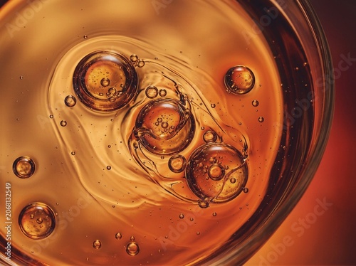 Close up macro of golden oil with bubbles and ripples showcasing glossy texture and swirls