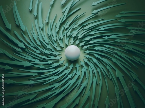 Close up of a white sphere at the center of a swirling green arrow spiral