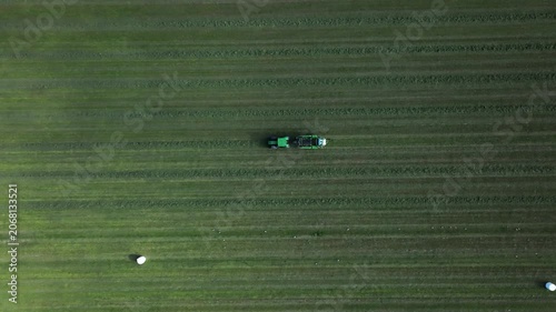 Tractor collecting hay on a meadow