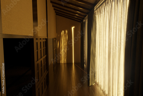 3D Rendering of a Japanese wooden corridor with shoji sliding doors and shikkui plaster in the evening sunlight