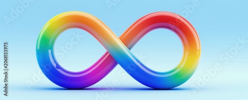 Shiny rainbow infinity loop rendered in 3D. Bright colors transition across the symbol against a soft blue backdrop. Concept of endlessness or connection.