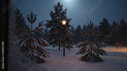 Illuminated pine trees in snow at night scene.