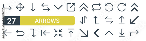 Set of 27 outline Arrows icons for modern UI, landing pages and digital services. Editable stroke collection with turn right, arrow left, move button, arrow left, up and down arrow and angle up.