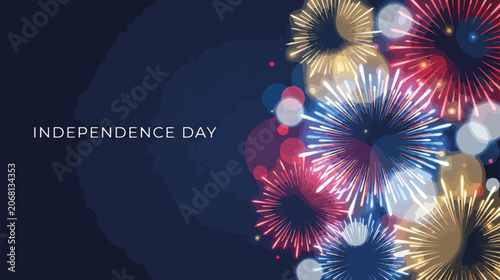 Independence Day celebration poster with colorful fireworks. Vibrant bursts on dark blue background. Vector illustration