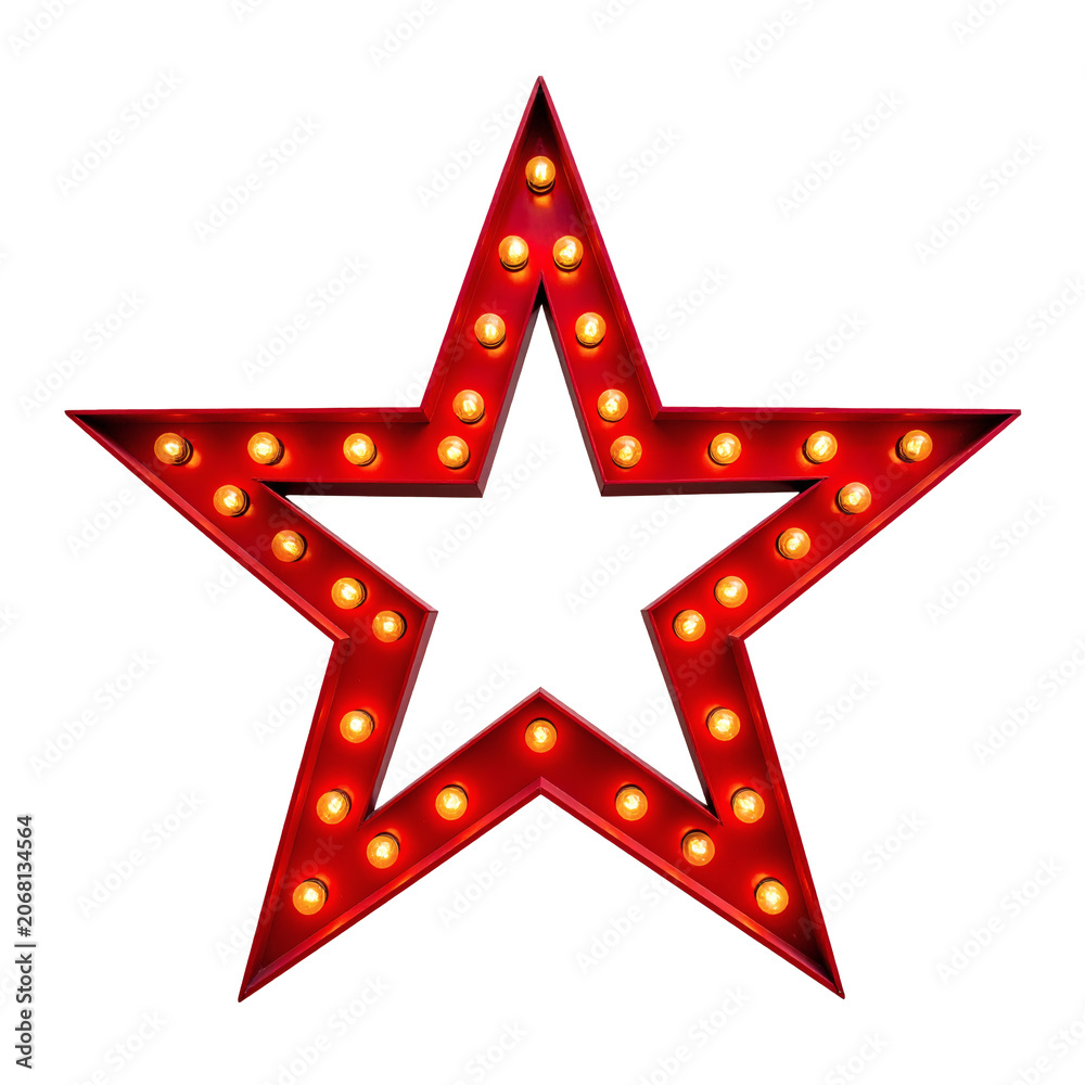 Fototapeta premium A vibrant red five-pointed star sign with glowing vintage light bulbs illuminating its edges, creating a retro marquee effect, perfect for celebrations, events, or theatrical design