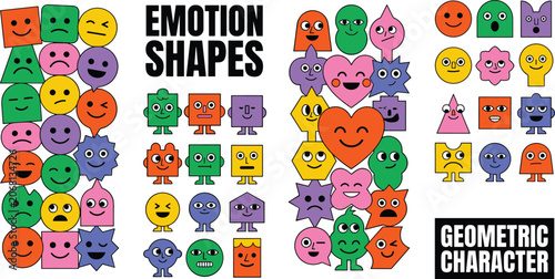 Cute geometric character collection featuring emotional faces, colorful cartoon shapes, playful expressions and educational mascot illustrations