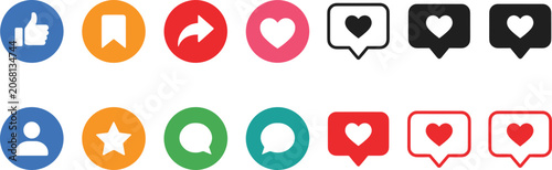 Social media interaction icon collection featuring likes, favorites, comments, sharing, bookmarks and user engagement symbols in colorful styles