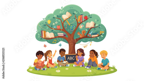 Diverse group of happy children sitting under a large knowledge tree filled with school supplies