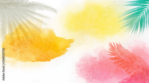 Tropical Summer Watercolor Background with Palm Leaves and Vibrant Splashes