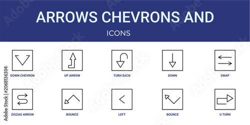Fotografie Set of 10 thin line Arrows Chevrons and Directions icons for dashboards, websites and mobile app layouts
