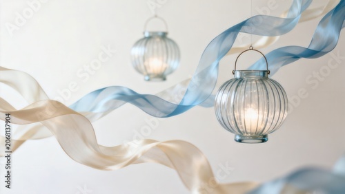 Hanging glass lanterns with flowing ribbons