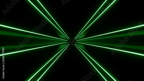 Green neon light beams in dark space