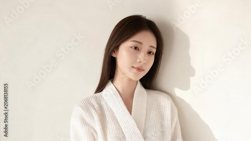 Woman in white robe against plain wall